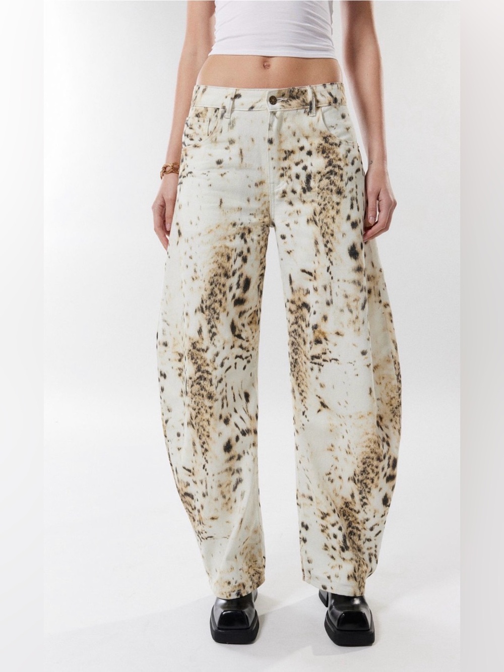 Lioness Cream and Brown Speckled Barrel Wide-Leg Pants